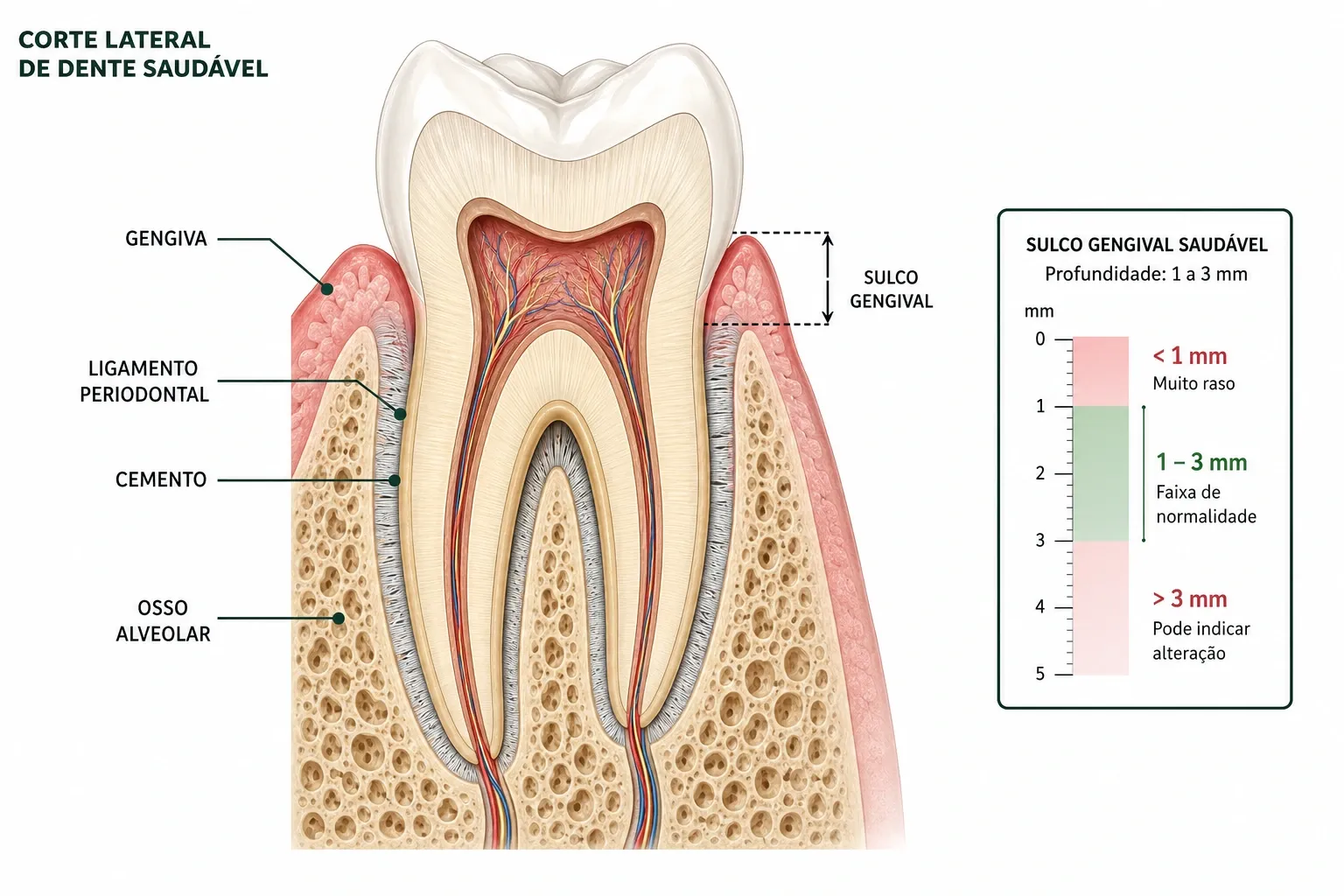 Corte lateral de um dente saudável dentro do osso. Estão identificados a gengiva, o ligamento periodontal, o cemento que reveste a raiz e o osso alveolar. À direita, uma escala em milímetros indica o sulco gengival: abaixo de 1 mm é muito raso, de 1 a 3 mm é a faixa de normalidade e acima de 3 mm pode indicar alteração.