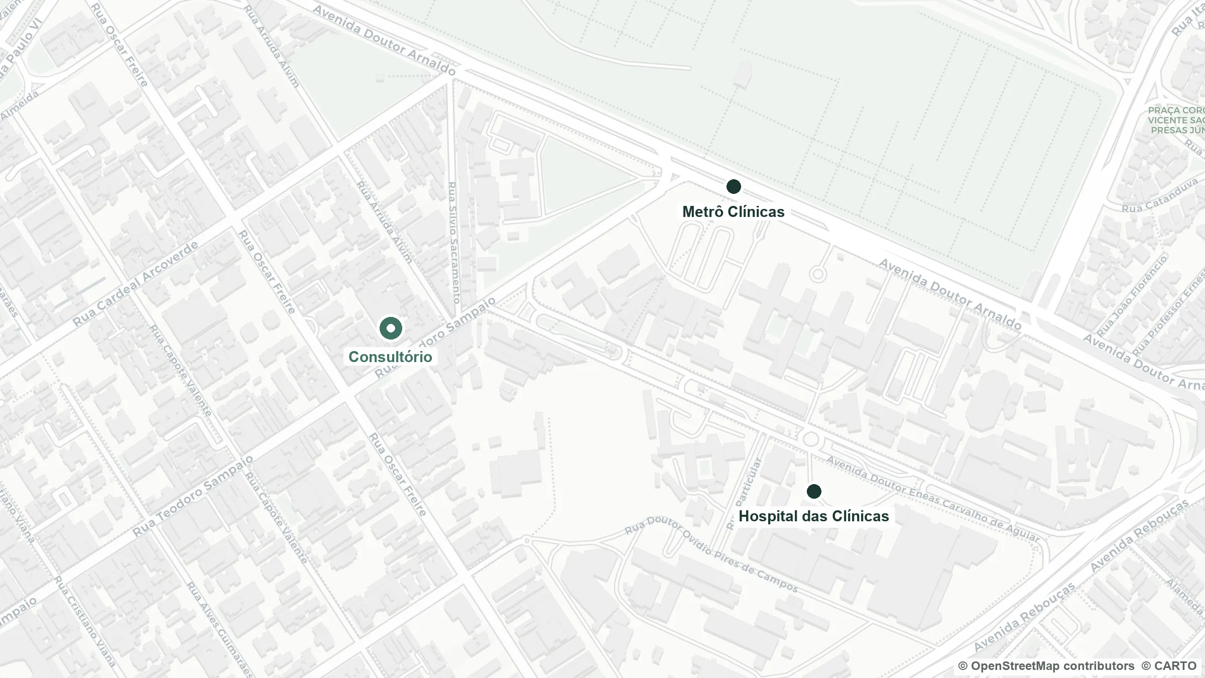 Mapa da região do consultório: a Rua Teodoro Sampaio entre a Rua Cardeal Arcoverde e a Avenida Doutor Arnaldo, com o consultório, a Estação Clínicas do Metrô e o Hospital das Clínicas marcados.
